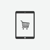 Vector illustration of tablet with basket icon on grey background