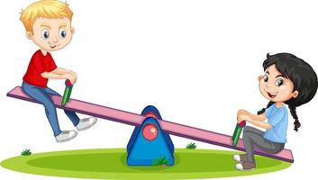 Cartoon character boy and girl playing seesaw on white background vector