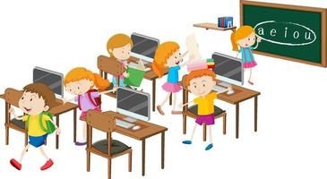 Students with computer classroom elements on white background vector