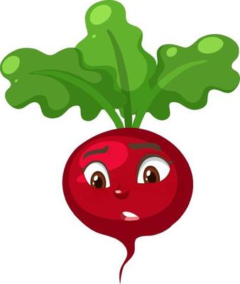 Radish cartoon character with shocked face expression on white background