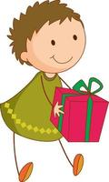 A doodle kid holding a gift box cartoon character isolated vector