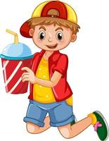 Happy boy cartoon character holding a drink plastic cup vector