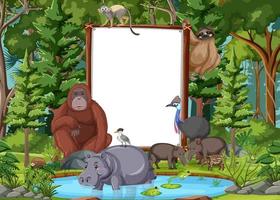 Blank banner in the rainforest scene with wild animals vector