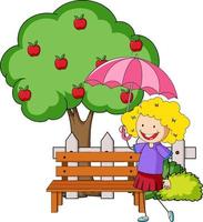Doodle cartoon character a girl holding an umbrella with apple tree vector