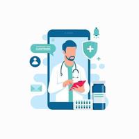Ilustración de vector de concepto de diseño de aplicación de teléfono inteligente de consulta médica de soporte médico en línea
