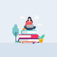 Student studying with laptop for online school education vector