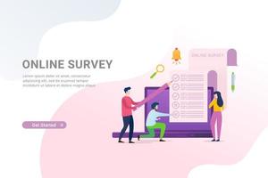 Encuesta y sondeo en línea con personas que llenan el formulario de encuesta en un portátil vector