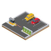 Isometric car in the parking area with trees design concept vector illustration