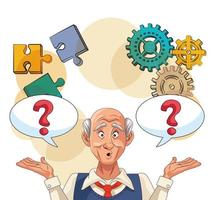 old man and Alzheimer's disease patient with gears, puzzles pieces and question marks vector