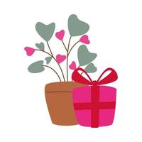 hermosos corazones flores en maceta con regalo vector