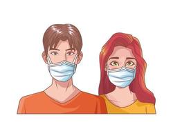 pareja joven con mascarillas médicas vector