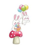 cute little rabbits with painted eggs and helium balloons vector