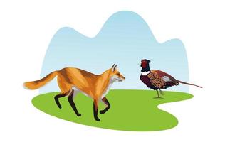 wild pheasant bird and fox animals icons vector