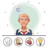 anciano y paciente con enfermedad de alzheimer con iconos de salud vector