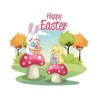 happy easter seasonal card with chick and rabbit on mushrooms vector