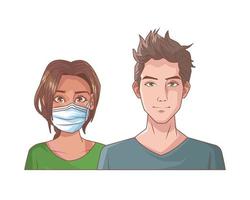 young couple with medical mask vector