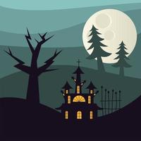 Halloween haunted house and pine trees at night vector design