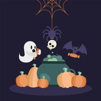 Halloween cauldron and pumpkins vector