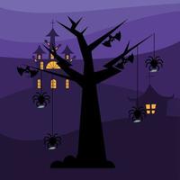 arañas y murciélagos de halloween en el diseño del vector del árbol