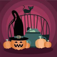 Halloween cat on gate with witch bowl and pumpkins vector design