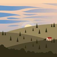 house in the mountains with pine trees background vector