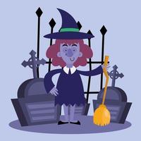 Halloween witch cartoon with broom and graves vector design