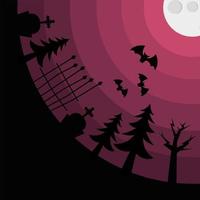 Halloween cemetery with gate, pine trees, and moon vector design