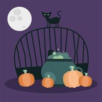 Halloween cat on gate with witch bowl and pumpkins vector design