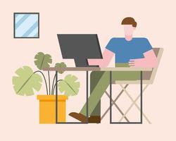 Man with computer working from home vector