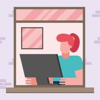 Woman with computer working from home vector