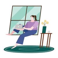 woman with laptop on window at home vector design