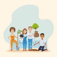 couple of environmentalists planting trees characters vector