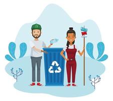 couple of environmentalists recycling characters vector