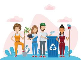 group of environmentalists recycling and planting characters vector