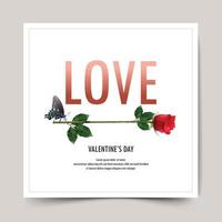 Valentine's Day card with LOVE text and red rose on a white background with frame, vector and illustration.