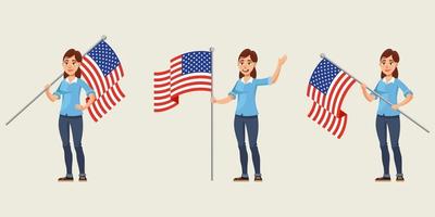 mujer sosteniendo la bandera americana en diferentes poses. vector