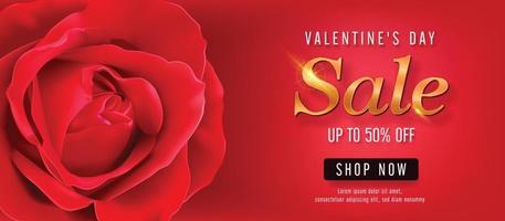 Plantilla de banner de vector de venta de San Valentín. Promoción de descuento de la tienda del día de San Valentín con espacio rojo para texto y elementos rosas en fondo rojo. ilustración vectorial.