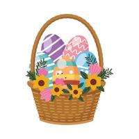 Huevos pintados en canasta con flores decoración de pascua vector