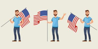 hombre que sostiene la bandera americana en diferentes poses. vector