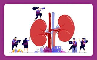 ilustración de diseño para la enfermedad renal y el tratamiento. anatomía del riñón para educación médica, de utilería y salud. El diseño se puede utilizar para sitios web, sitios web, páginas de destino, banners, aplicaciones móviles, ui ux, carteles. vector