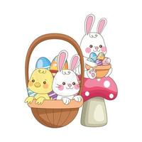 little rabbit and chick with eggs painted in basket vector