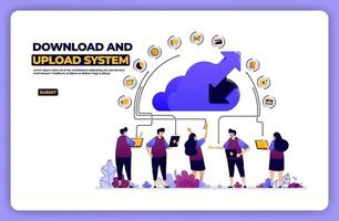 banner illustration of download and upload system. cloud network sharing activity. designed for landing page, banner, website, web, poster, mobile apps, homepage, social media, flyer, brochure, ui ux vector