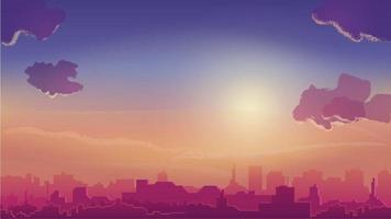 Orange sunset and city on horizon, cityscape in cartoon style