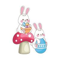 cute little rabbits with painted eggs on mushroom vector
