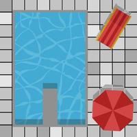 Top view pool swimming umbrellas , vector concept happy holiday , summer bed red color background clean