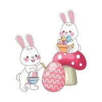 cute little rabbits with eggs painted on mushroom vector