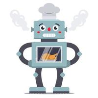 robot cook cooks chicken in the oven. household helper. vector character flat illustration