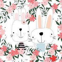 Cute rabbit bunny couple in flower garden seamless pattern vector