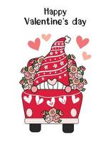 Gnomo de San Valentín en camión de flores rojas con corazón te amo bandera, idea de arte de clip de vector plano de dibujos animados lindo para tarjeta de San Valentín, cosas imprimibles