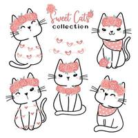 linda colección de gatos de San Valentín, dibujos animados doodle vector plano clipart para el día del amor de San Valentín, dulce gato blanco con flor rosa